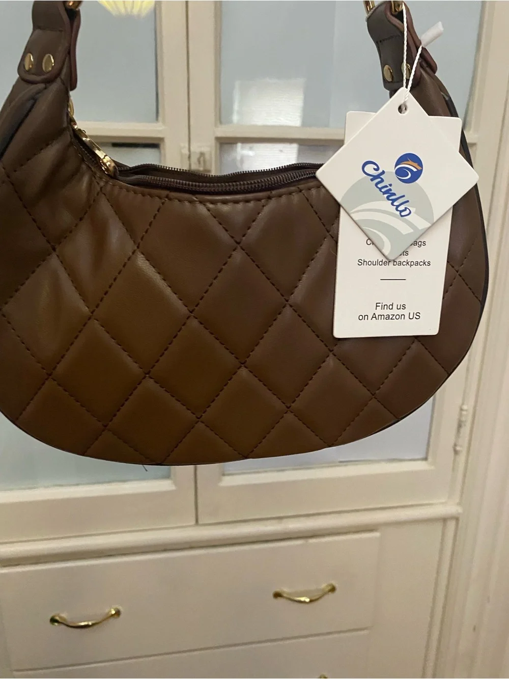 chinllo brown Quilted Crescent Shoulder Bag with Chain Strap